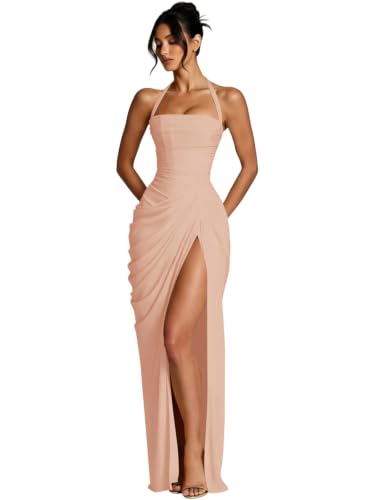 Goflpal Chiffon Halter Bridesmaid Dresses Corset Long Gown Rose Gold | Women's Mermaid Prom Dresses with Slit 2026 Long Pleated Elegant Formal Evening Party Cocktail Gown