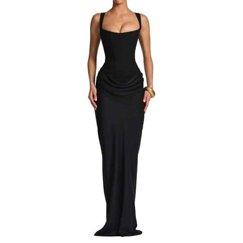 ABYOVRT Women Wedding Guest Dress Corset Bodycon Ruched Lace Up Back Maxi Dresses Formal Party (Black,L)