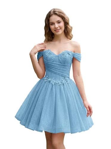 Sparkly 3D Flower Graduation Dress for Girls, Tulle Off Shoulder Homecoming Dress, Sexy Corset Back Evening Dresses Baby Blue 18 Plus Size DR1013