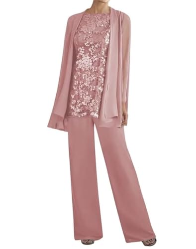 3 Pieces Mother of The Bride Pant Suits for Women Dressy Long Sleeve Lace Wedding Formal Outfits with Jacket PG016 Dusty Rose