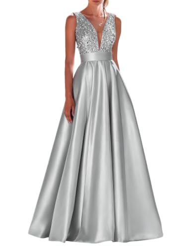 Liopus Silver V Neck Satin Sequin Formal Prom Dress for Women US4
