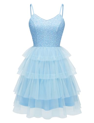 Dressystar Women's Tiered Sparkly Sequin Glitter Formal Prom Dress Mini Spaghetti Strap Tulle Cocktail Party Dresses Blue S