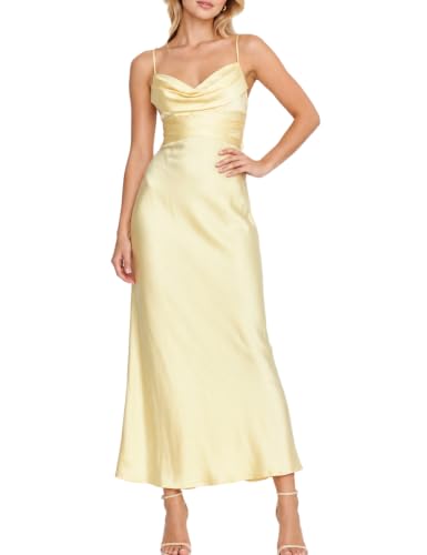 HKMECRI Summer Satin Cowl Neck Maxi Wedding Guest Cocktail Dress for Women