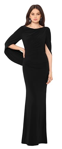 Betsy & Adam Women's Boat Neck Cape Sleeve Evening Gown, Black, 16 | Stretch Jersey Knit, Draped Back, Ruched Waist, Fully Lined