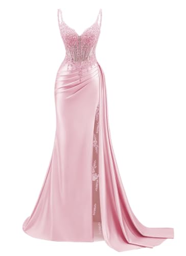 Satin Beaded Pink Prom Dress Mermaid Formal Gown with Lace Slit US8