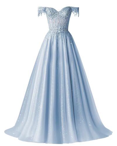 XYNGZOR Off Shoulder Tulle Prom Dresses 2026 Sparkly Beaded Ball Gowns Corset Formal Evening Dress Dusty Blue Size 8