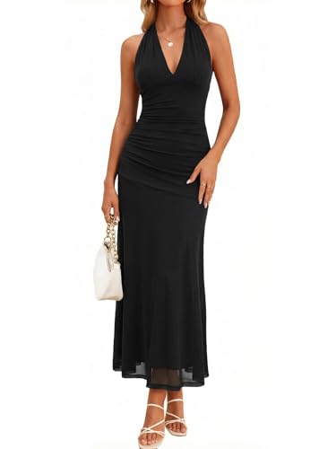 Wenrine Womens Formal Cocktail Maxi Dress Halter V Neck Party Dresses Black