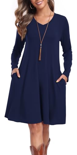 lionstill Fall Dresses for Women Flowy Long Sleeve T-Shirt Dress, Navy XS