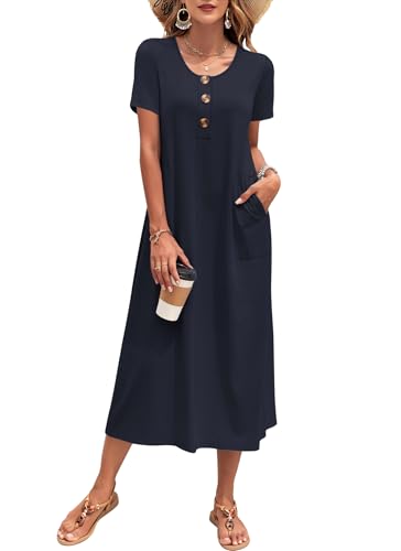 MOLERANI Women's Summer Midi Casual Loose Dress Short Sleeve,Navy Blue,XL