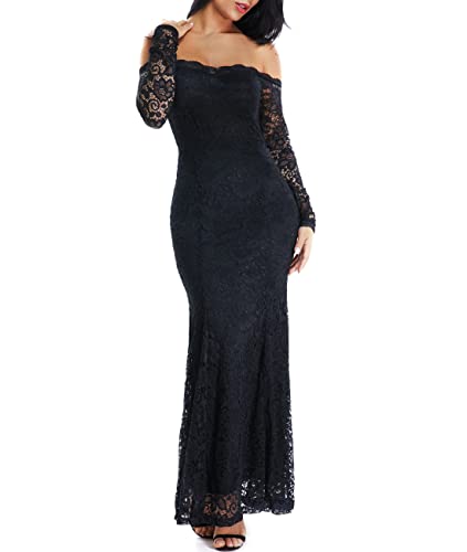LALAGEN Women's Floral Lace Long Sleeve Off Shoulder Wedding Mermaid Dress Black1 S