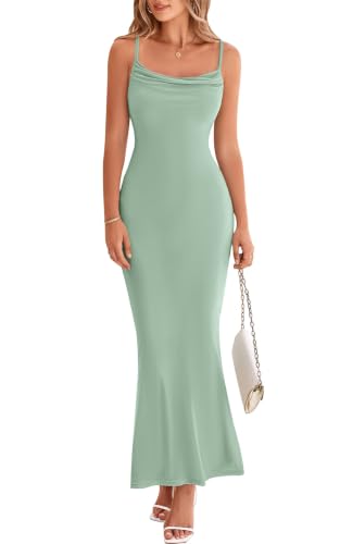 PRETTYGARDEN Women's Sleeveless Summer Bodycon Maxi Slip Dresses Spaghetti Strap Elegant Evening Party Long Dresses (Sage Green, Large)