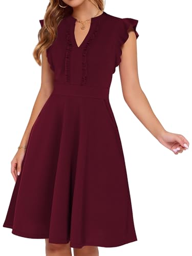 Work Dresses for Women 2026 Burgundy Summer Ruffle Sleeve V Neck Knee Length Semi-Formal A Line Swing Petite Cocktail Church Wedding Guest Classy Office Professional Business Casual Work Dress M