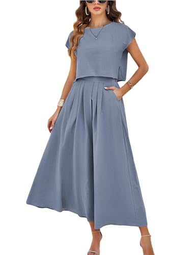 Mingzhu Womens 2 Piece Outfits Skirt Set Summer Casual Cap Sleeve Crop Tops Maxi Dress Sets with Pockets(0919-GreyBlue-S)