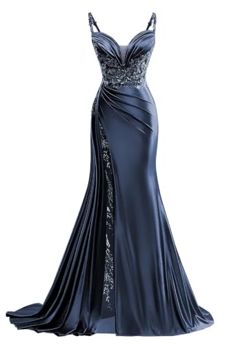 V Neck Satin Prom Dresses Long Mermaid Lace Formal Evening Gown with Slit