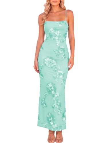 Gmeitoey Women's Summer Spaghetti Strap Floral Mesh Wedding Guest Dress