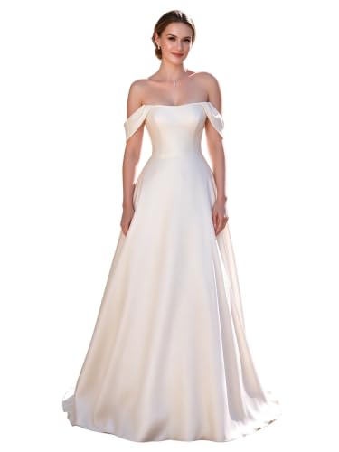 Open Back Wedding Dresses for Women A Line Satin Off Shoulder Sleeveless Ball Gown Ivory Bridal Gowns for Wedding US10