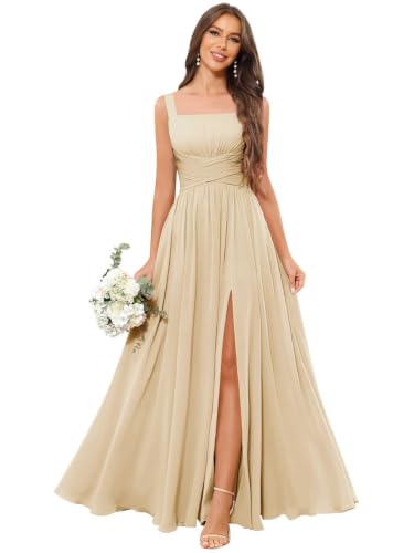 Vpkrtf Square Neck Chiffon Champagne Bridesmaid Dresses with Slit Pockets Ruched Modest Formal Evening Gowns for Women Wedding Guest Size 6