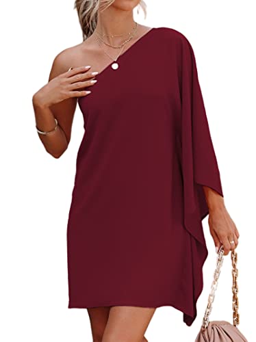 Jhsnjnr Women's One Shoulder Stretchy Holiday Dresses Sexy Club Party Cocktail Mini Dress Wine Red