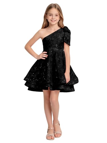 Nuopbb Sequin Mini Junior Bridesmaid Dresses One-Shoulder Bow Strap Flower Girl Dress Layered Ruffle Mini Black Tiered Formal Wedding Guest Father Daughter Dance Gown, 8Y