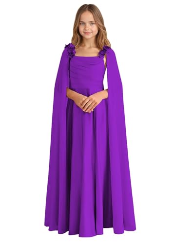 3D Floral Junior Bridesmaid Dresses Satin Pleats Square Neckline Girls Formal Dress for Wedding Guests Flower Girl Dress