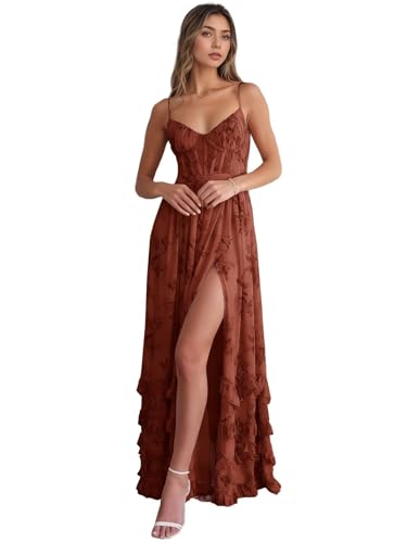 Qgeno Floral Bridesmaid Dress Rust Ruffle Corset Flowy Chiffon Gown 8