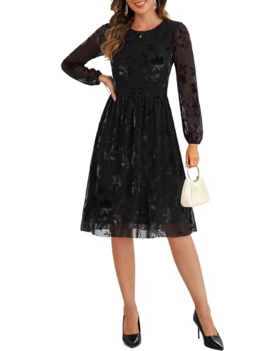 Kranda Women Long Sleeve Mesh Floral Semi-Formal Midi Dress Black M | Breathable Soft Stretchy,Lined,Puff Sleeve,Round Neck,A-line Casual Dress,Fall Wedding Guest Baby Shower Cocktail Party Dress