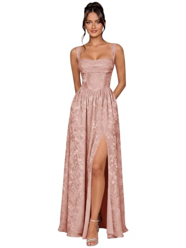 Qgeno Floral Bridesmaid Dresses Satin Peach Pink Corset Prom Dress 4 | Jacquard Wedding Guest Dress Long Square Neck A Line Formal Party Gown with Slit