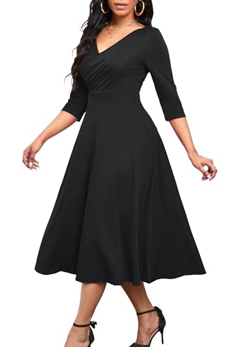 Nmoder Women's Casual Wrap Flared Midi Dress Wedding Guest Cocktail Tea Dresses A-Line Swing V-Neck 3/4 Sleeve Black XL