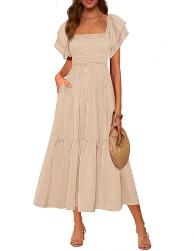 MASCOMODA Womens Summer Casual Smocked Flowy Midi Dress(Apricot,L)