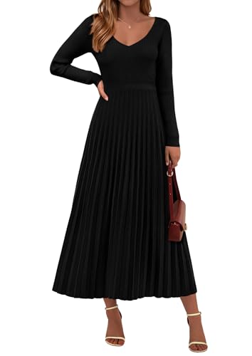 PRETTYGARDEN Sweater Dress Women Long Sleeve Maxi Flowy Pleated Dresses | Cozy Ribbed Knit, Swing A Line, Elegant Fall Outfits for Wedding Guest, Holiday Party, Date Night, Winter Office Work Clothes
