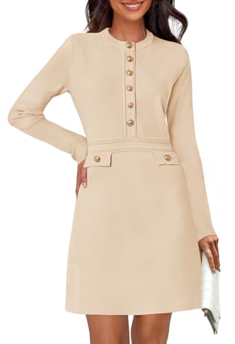 NENONA Women's 2026 Long Sleeve Fall Sweater Dress Winter Spring Fashion Button Elegant Business Casual Work Mini Dresses(Apricot, S)