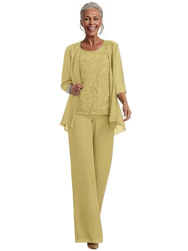 Chiffon Appliques Mother of The Bride Pant Suits 3 Pieces Women Formal Wedding Dress with Jacket Gold 10