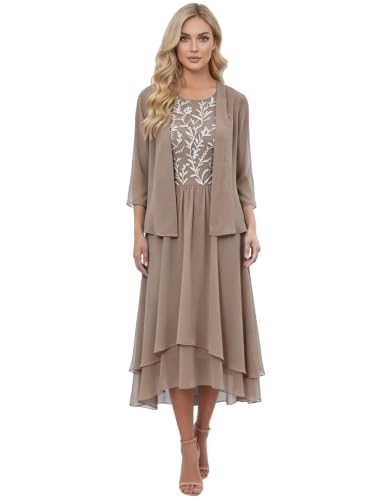 Women Wedding Guest Dresses 2 Piece Chiffon Mother of The Bride Dress FK015 | Round Neck, Midi Length, Chiffon Jacket, 3/4 Sleeve, Floral Applique, Zipper, Formal Event