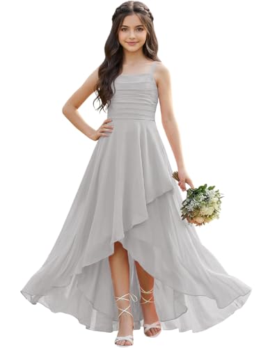 SYTSL Junior Bridesmaid Dress for Wedding 2026 Elegant Chiffon Flower Girls Silver High Low A-Line Formal Dinner Maxi Gown for 11 Year Old SY887-Silver-11