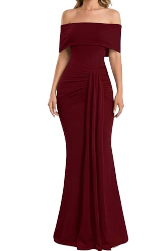 YMDUCH Women's Elegant Off Shoulder Sleeveless Long Formal Dress Burgundy