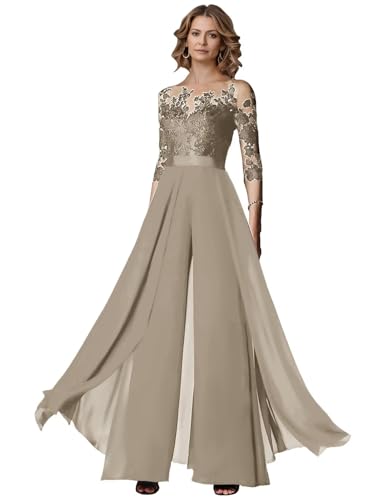Women's Formal Elegant Pantsuits for Mother of Bride Wedding Guest Pants Suit with Sleeves Evening Outfits Taupe