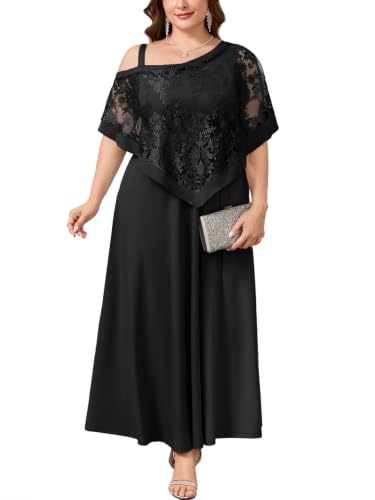 Sassique Plus Size Mother of Bride Maxi Dress with Floral Lace Asymmetric Cape Tea Length A Line Wedding Formal Evening Gown, Black, 4X