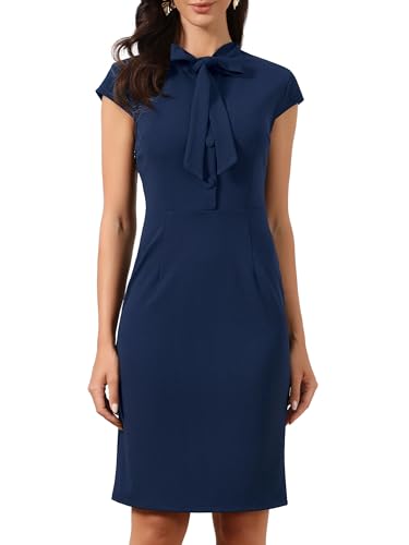 Allegra K Work Dress for Women Bow Tie Business Casual Sheath Dresses | Cap Sleeve, Side Zipper, Bodycon, Button Down, Office, Dressy Casual, Formal Small Navy Blue
