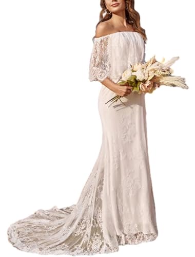 Simple Boho Wedding Dresses for Bride 2026 Mermaid Lace Off The Shoulder V Neck Beach Bridal Gowns 2026 LAW106 10 Ivory
