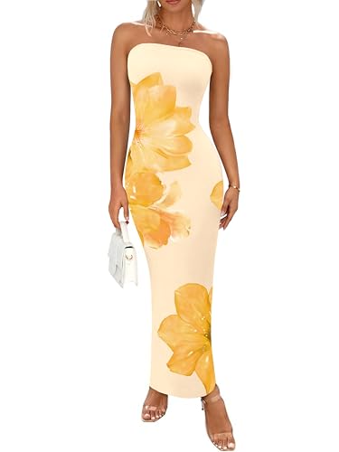 PRETTYGARDEN Women Summer Strapless Maxi Dress Tube Floral Bodycon Dresses | Sexy Mesh Long Dress with Back Slit, Formal Cocktail Party Wedding Guest Dresses, Cute Date Night Beach Vacation Dress