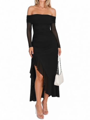 AUMORA Women's Maxi Dresses Long Sleeve Off Shoulder Wedding Guest Dresses | Ruched Mesh,Ruffle Hem,Fall Winter Cocktail Bodycon Dress,Dinner Party, Prom Homecoming,Bridal Shower,Elegant Outfits 2026