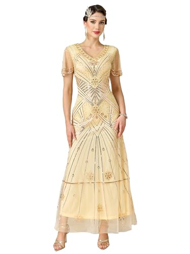 MTITE Women's Flapper Dress 1920s V-Neck Evening Gown Sequin Beaded Maxi Dress for Wedding (US, Alpha, XX-Large, Regular, Regular, Champagne)