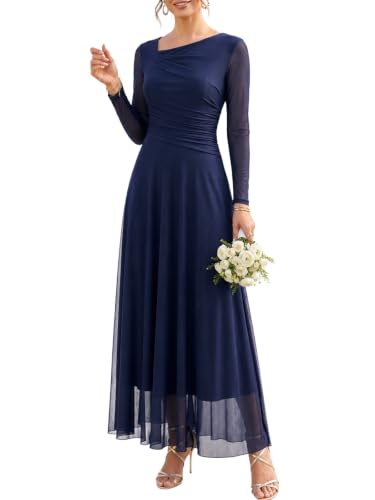 Berydress Long Sleeve Ruched Mesh Dress for Women 2026 Fall Formal Party | Elegant Wedding Guest Dresses, Asymmetrical Neck, Trendy Flowy Aline Western Style, Womens Long Maxi Length(XL,6321-Navy)