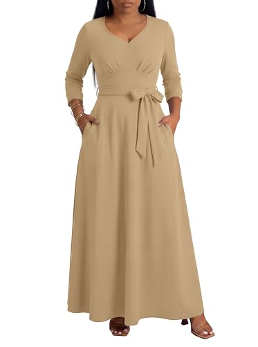 MarryUP Church Maxi Dress Elegant 3/4 Sleeve Semi Formal Dresses for Women Tea Party Date Outfits Soft Light Brown XL
