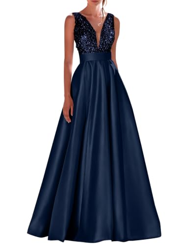 QFWLSR Satin Prom Dress for Women Long A-line V Neck Sparkly Sequin Formal Evening Party Gowns Navy Blue US0