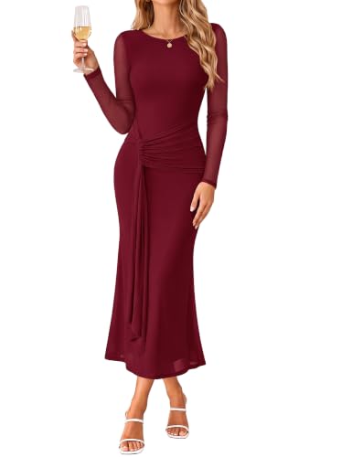 GRACE KARIN Women's Long Sleeve Dresses Bodycon Wedding Guest Dress Wine S