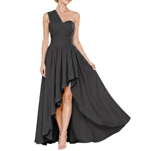 SUNSTORY Summer Wedding Guest Dress: 2026 Women's Maxi A-Line Ruffle Formal Evening Gown with High-Low Hem, One Shoulder Flowy Sleeveless Empire Waist Bridesmaid Dress(l,Black)