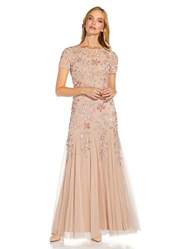 Adrianna Papell Women's Floral Beaded Godet Gown, Blush, 8