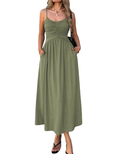 Mieazom Women’s Spaghetti Strap Midi Dress Ruched Bust Flowy A Line Sleeveless Empire Waist Summer Casual Sundress with Pockets Army Green M