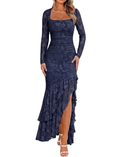 BORIFLORS Women's Elegant Fall Wedding Guest Long Sleeve Maxi Dress,S,Navy